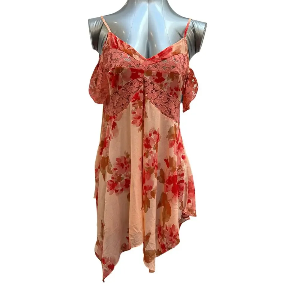 Free People Pink Floral Lace Cold Shoulder Handkerchief Hem Mini Dress Boho